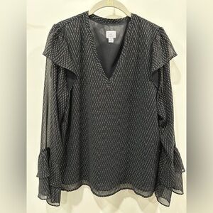 a new day Black with Gold Patterned V-Neck Blouse